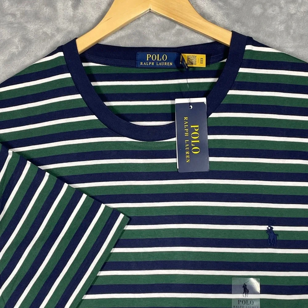 Polo Ralph Lauren Mens Striped Crewneck T-Shirt Pine Green Navy Blue 2LT NWT